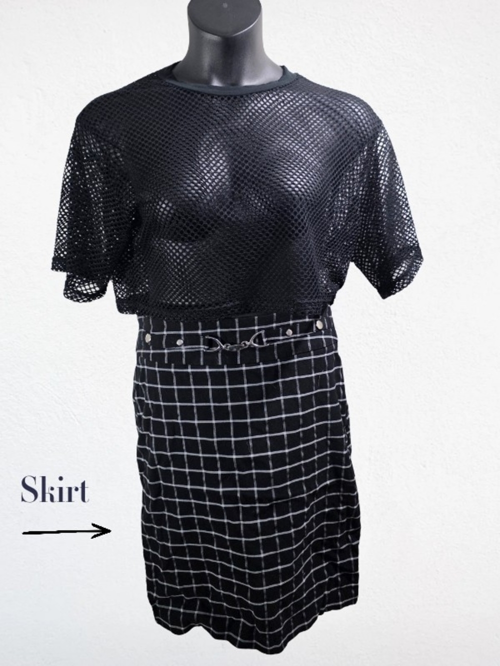Soho Black Windowpane Pencil Skirt with Subtle Belt Detail